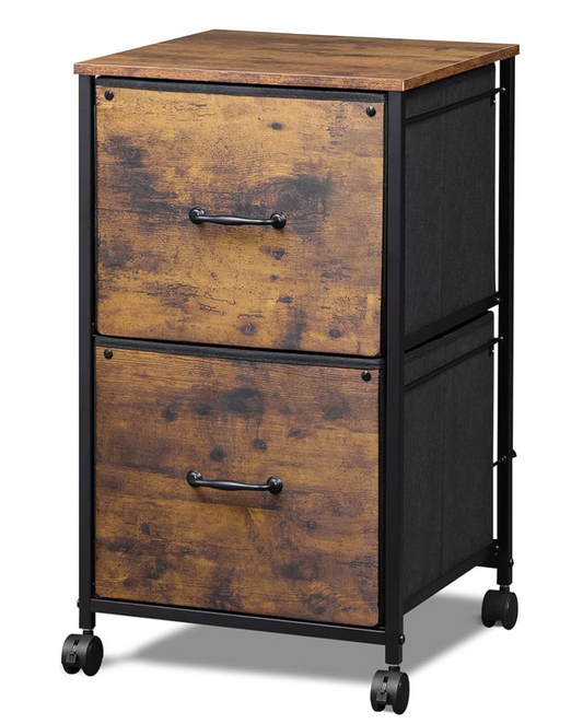 2 Drawer Mobile File Cabinet, Rolling Printer Stand, Fabric Vertical Filing Cabinet fits A4 or Letter Size for Home Office, Rustic Brown Wood Grain Print