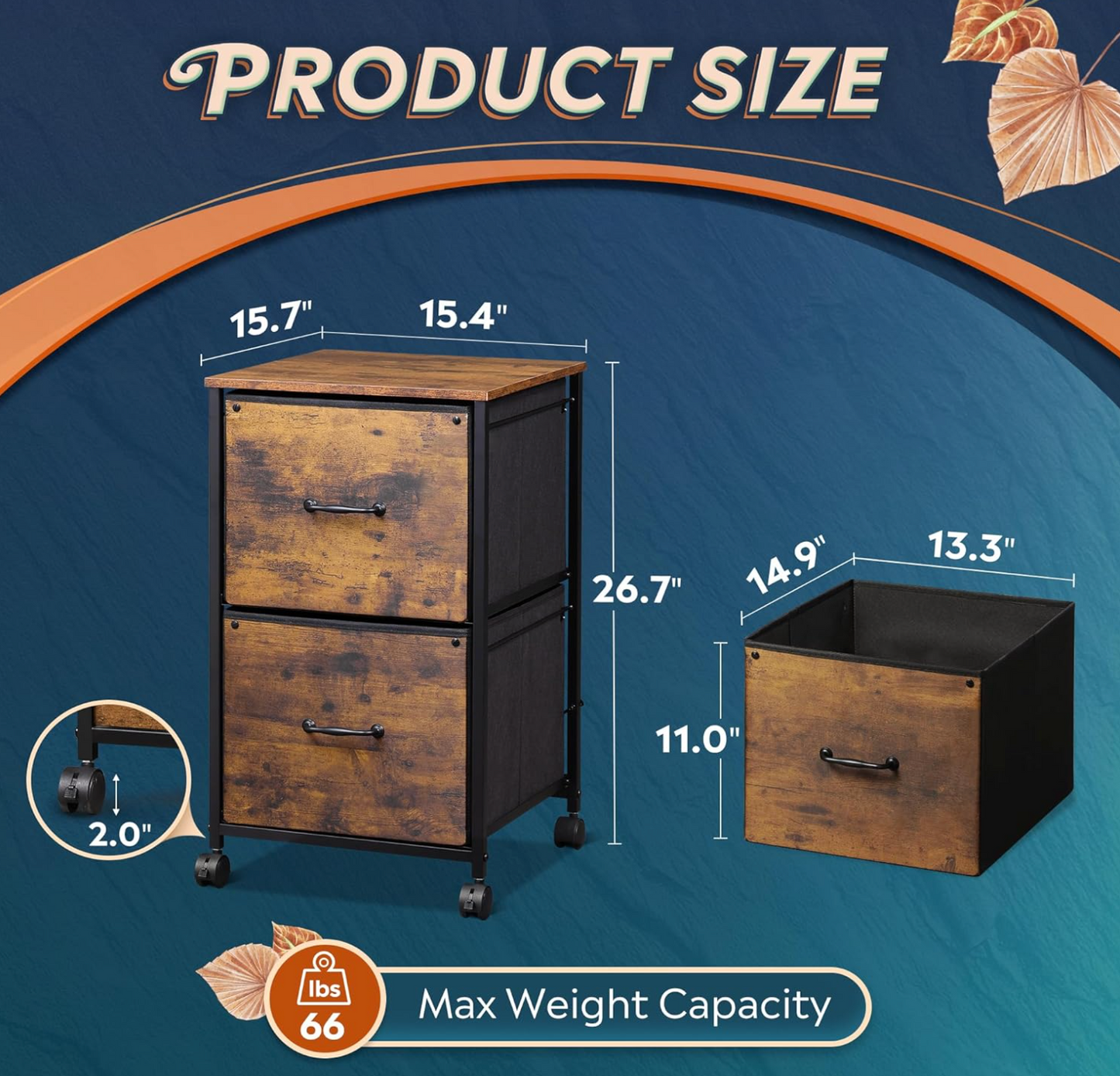 2 Drawer Mobile File Cabinet, Rolling Printer Stand, Fabric Vertical Filing Cabinet fits A4 or Letter Size for Home Office, Rustic Brown Wood Grain Print