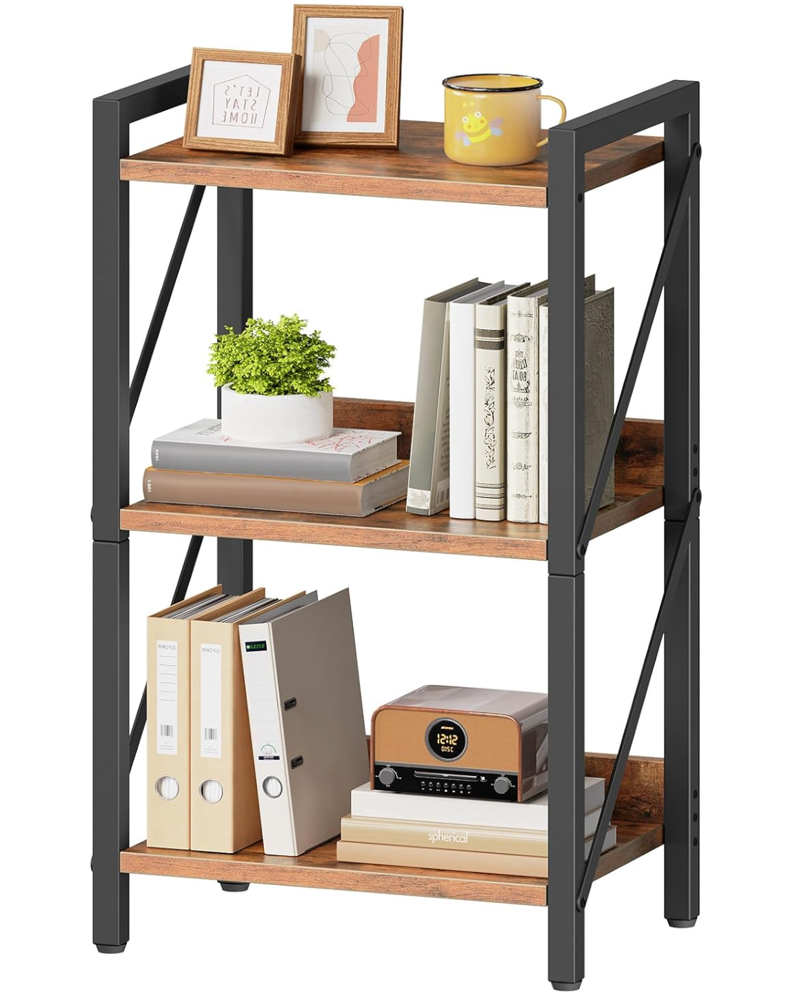 Bookshelf, 3-Tier Industrial Bookcase, Book Shelf Storage Organizer, Small Bookshelf with Metal Frame for Living Room, Bedroom, Home Office, Kitchen, Rustic Brown and Black BF71SJ01
