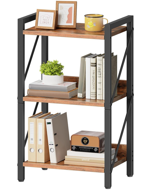 Bookshelf, 3-Tier Industrial Bookcase, Book Shelf Storage Organizer, Small Bookshelf with Metal Frame for Living Room, Bedroom, Home Office, Kitchen, Rustic Brown and Black BF71SJ01