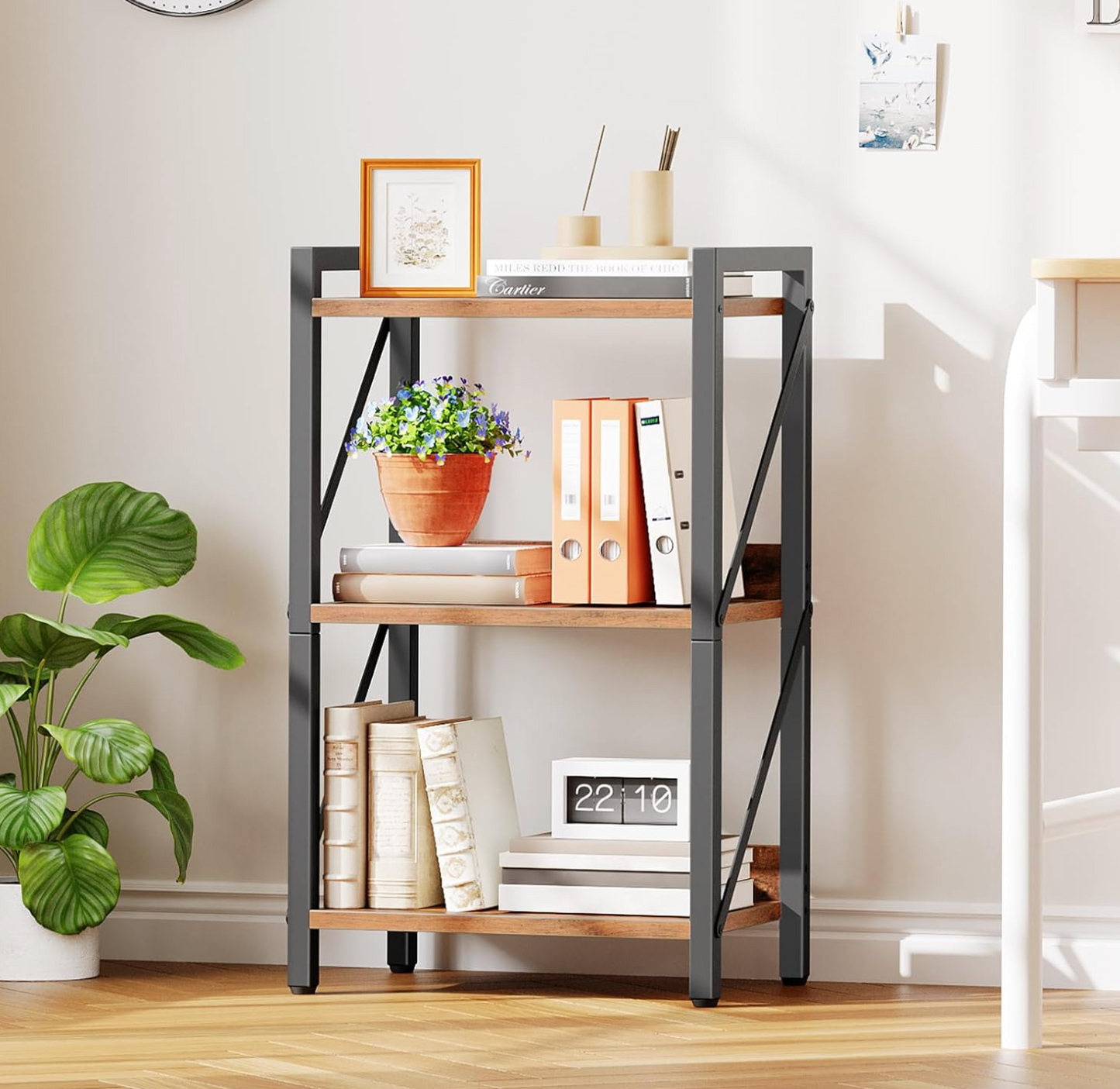 Bookshelf, 3-Tier Industrial Bookcase, Book Shelf Storage Organizer, Small Bookshelf with Metal Frame for Living Room, Bedroom, Home Office, Kitchen, Rustic Brown and Black BF71SJ01