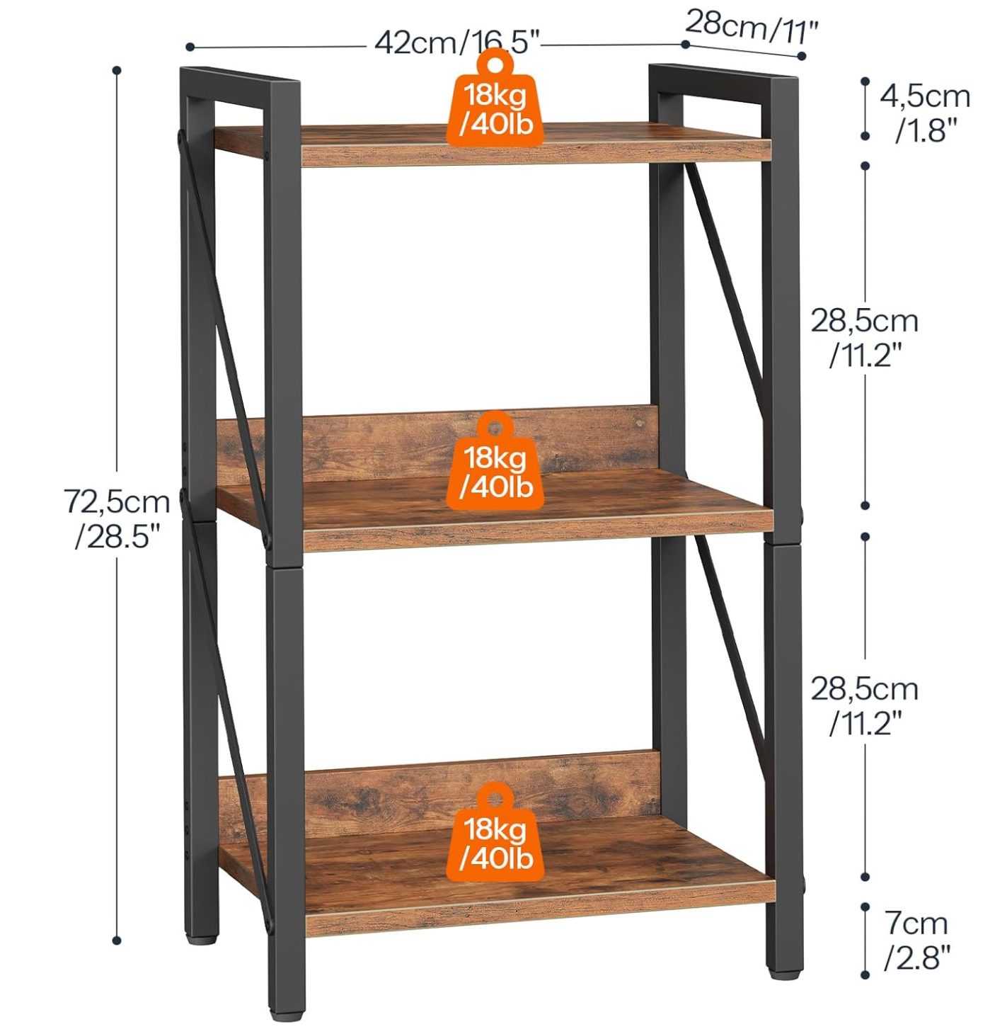 Bookshelf, 3-Tier Industrial Bookcase, Book Shelf Storage Organizer, Small Bookshelf with Metal Frame for Living Room, Bedroom, Home Office, Kitchen, Rustic Brown and Black BF71SJ01