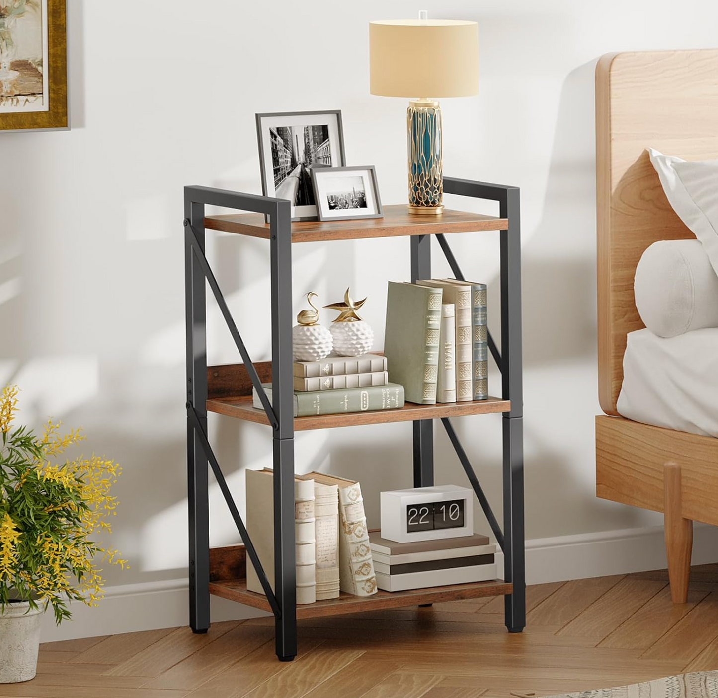 Bookshelf, 3-Tier Industrial Bookcase, Book Shelf Storage Organizer, Small Bookshelf with Metal Frame for Living Room, Bedroom, Home Office, Kitchen, Rustic Brown and Black BF71SJ01