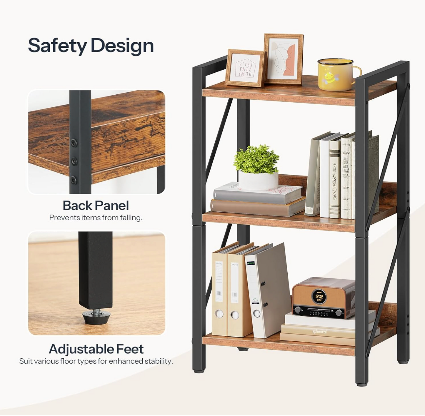Bookshelf, 3-Tier Industrial Bookcase, Book Shelf Storage Organizer, Small Bookshelf with Metal Frame for Living Room, Bedroom, Home Office, Kitchen, Rustic Brown and Black BF71SJ01