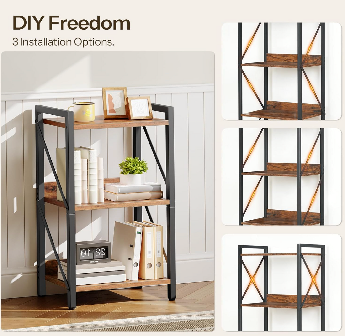 Bookshelf, 3-Tier Industrial Bookcase, Book Shelf Storage Organizer, Small Bookshelf with Metal Frame for Living Room, Bedroom, Home Office, Kitchen, Rustic Brown and Black BF71SJ01