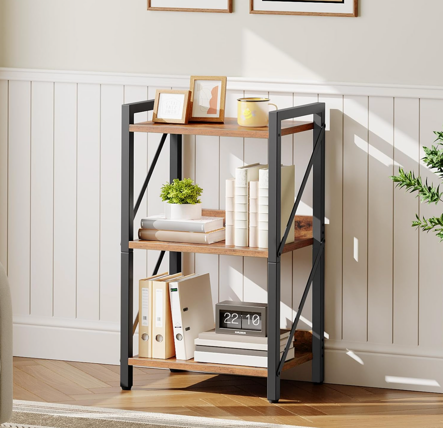 Bookshelf, 3-Tier Industrial Bookcase, Book Shelf Storage Organizer, Small Bookshelf with Metal Frame for Living Room, Bedroom, Home Office, Kitchen, Rustic Brown and Black BF71SJ01